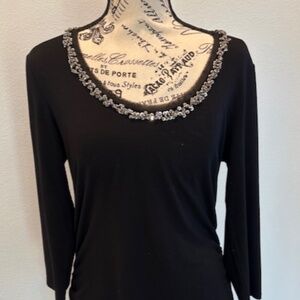 WHBM Black Embellished Neck Shirt, 3/4 Length Sleeves Size M